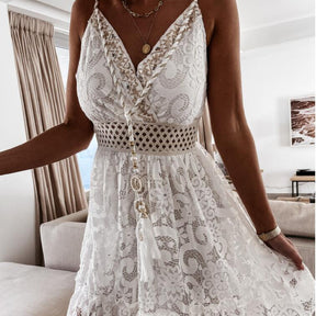 Women Dress Beach Style Elegant White Lace Spaghetti Srap Sundress Female Hollow Out Boho