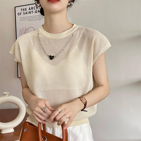 Hollow T-shirt Chain Women Summer New Solid Color Short Sleeve Knitted Tops Female 2022