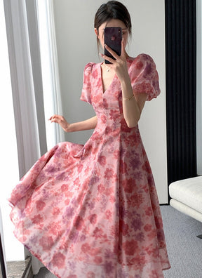 BSummer V-neck Slim Waist Floral Printed Ladies Dress Elegant Puff Sleeve A-line Vestidos