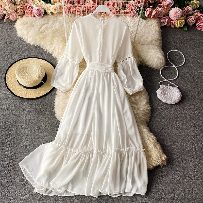 Beach Holiday Style Dress Women Elegant V-neck Lace-up High Waist Dress