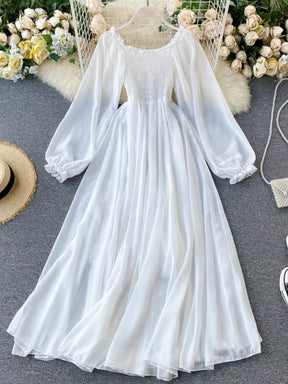 Holiday Puff Sleeve Slash Neck Off Shoulder Smocked White Chiffon Dresses