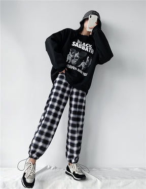 Plaid Pants Women High Waist Drawstring Loose Straight Baggy Pants 2022 Spring and Summer