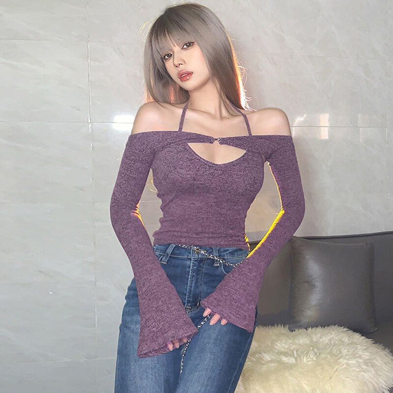 Halter Strapless T-shirt Women Sweet Sexy Off The Shoulder T-shirts Slim Two Piece Tops Woman