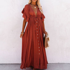 Summer Beach Maxi Dress Women Boho Long Bikini Cover Up High Waist Casual V-Neck Dresses