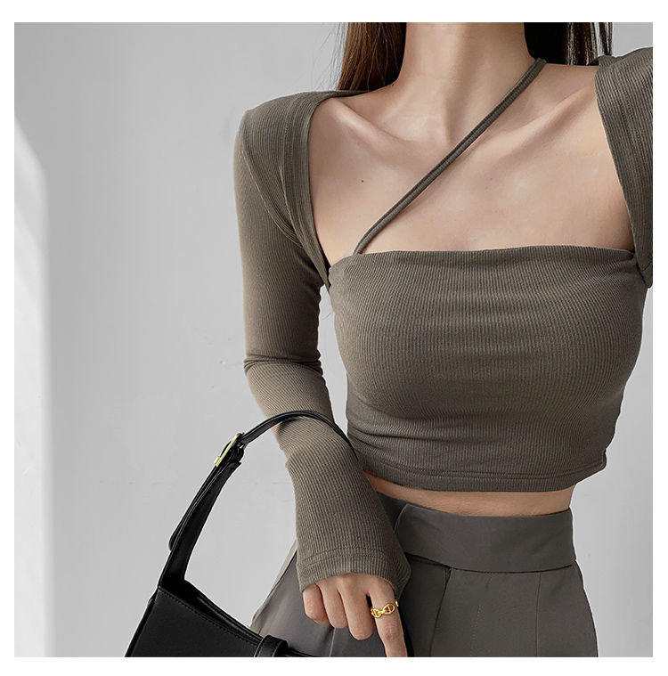 Cropped Tops Women Square Collar Slanted Shoulder Straps Halter Neck Long Sleeve T-shirt