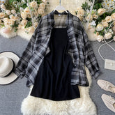 Two Piece Set Long Sleeve Plaid Grey Overcoats Spaghetti Strap Slim Dress