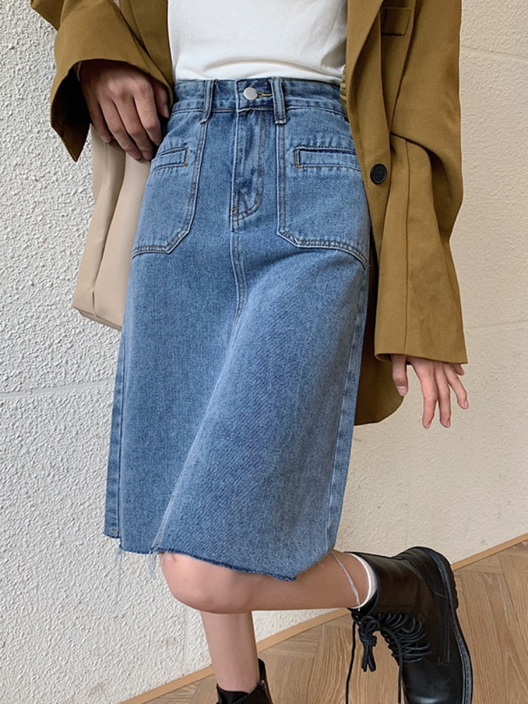 Frühling Sommer Hohe Taille Denim Röcke Frauen Casual A-Linie Reißverschluss Jeans