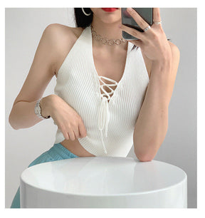 Y2K Women Fashion Slim V-neck Halter Vest Solid Color Woman Bandage Crop Tops