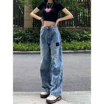 Retro-Hip-Hop-Jeans mit Buchstabenstickerei, lockere Hose mit geradem Bein, Hose mit weitem Bein für Männer und Frauen