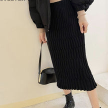 Wrapped Knitted Skirts Pencil Skirt Women Slim Fit Zipper Mid-Calf Skirt