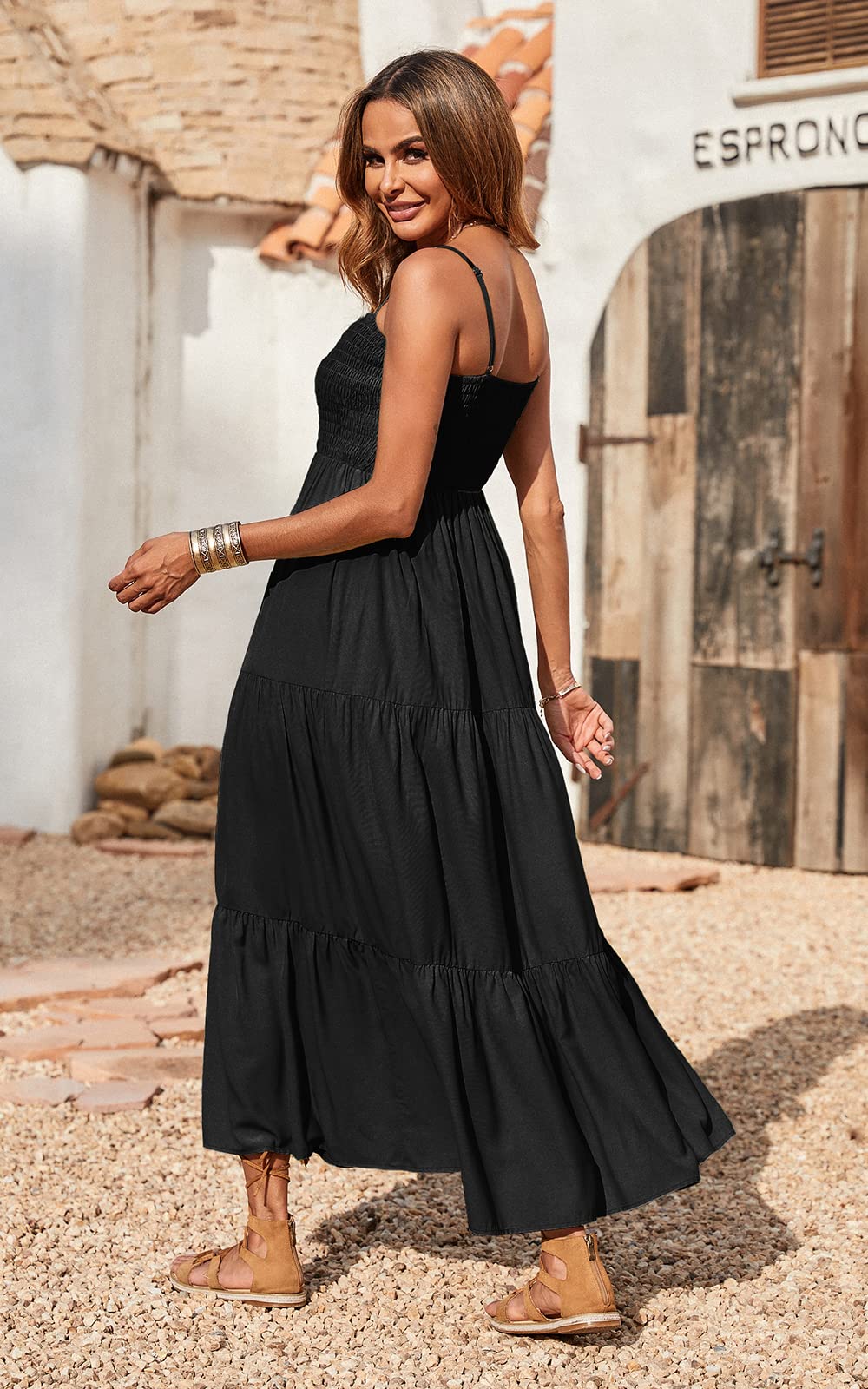 Spaghettiträger Maxikleid Damen Sommer ärmellos gesmokt Boho Long Beach Kleid Sommerkleider