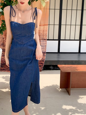 Sommer-Frauen-reizvolles Slip-Denim-Kleid Trägerloses Schnürkleid mit hoher Taille