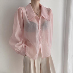 See Through Button Down Shirts Women New Loose Long Sleeve Blouse Female 2022 Summer Suncreen Tops