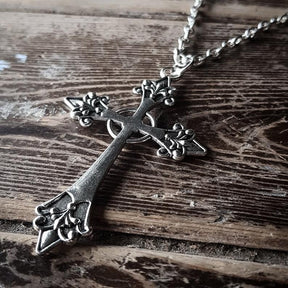 Large Detailed Cross Drill Pendant Necklace Silver Color Tone Gothic Punk Jewellery