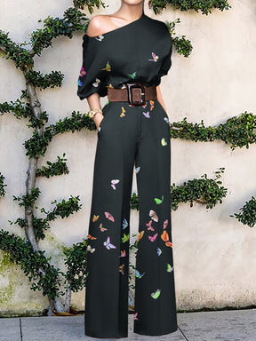 2022 Summer Pattern Print Jumpsuit Off Shoulder Romper Women  Wide Leg Pant Playsuit