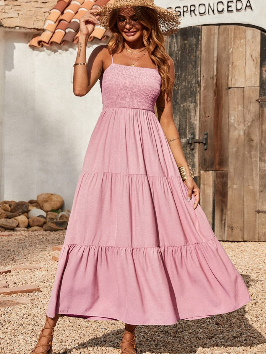 Spaghettiträger Maxikleid Damen Sommer ärmellos gesmokt Boho Long Beach Kleid Sommerkleider