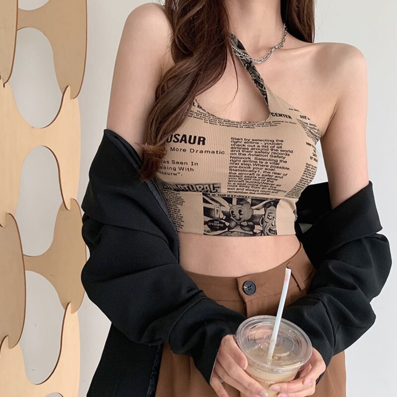 Newspaper Print Camisole Women Slanted Shoulder Hollow Sleeveless Tops Beautiful Back Woman