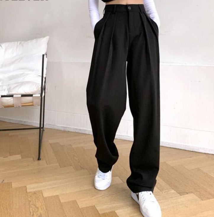 Long Suit Pants High Waist Button Women Wide Leg Trousers