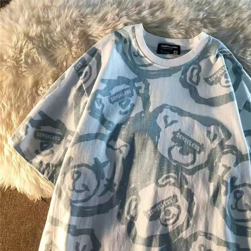 Summer Full Print Cartoon Bear Kawaii Short-Sleeved  T-Shirt Loose Harajuku Casual