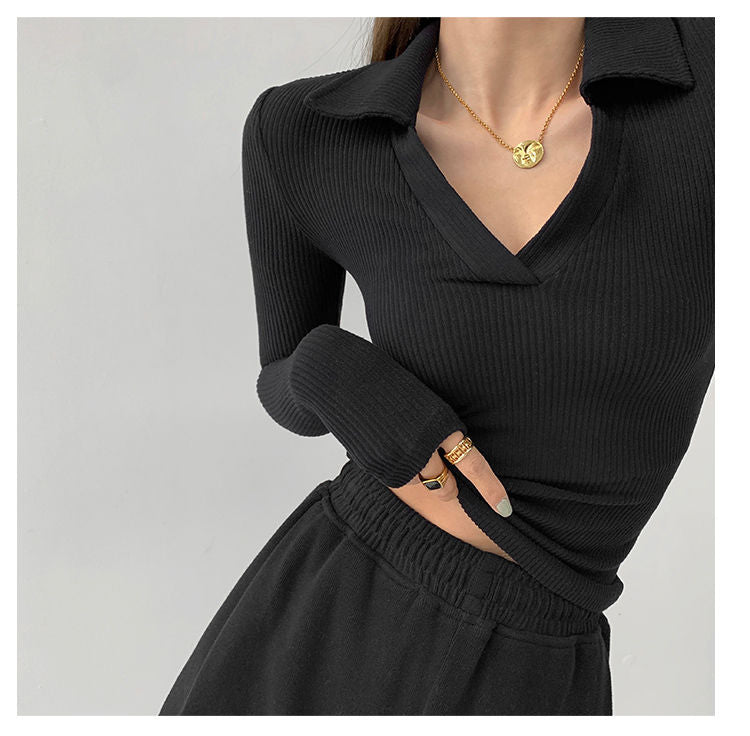 Maglietta da donna sexy con scollo a V Slim Fitness Polo a maniche lunghe da donna Top corto a vita alta