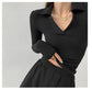 Maglietta da donna sexy con scollo a V Slim Fitness Polo a maniche lunghe da donna Top corto a vita alta