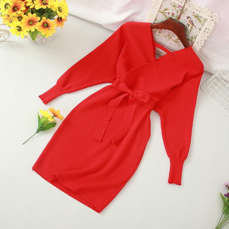 Autumn Women Sexy Elegant Knitted Dress Backless V Neck Sash Tie Up High Waist Dresses