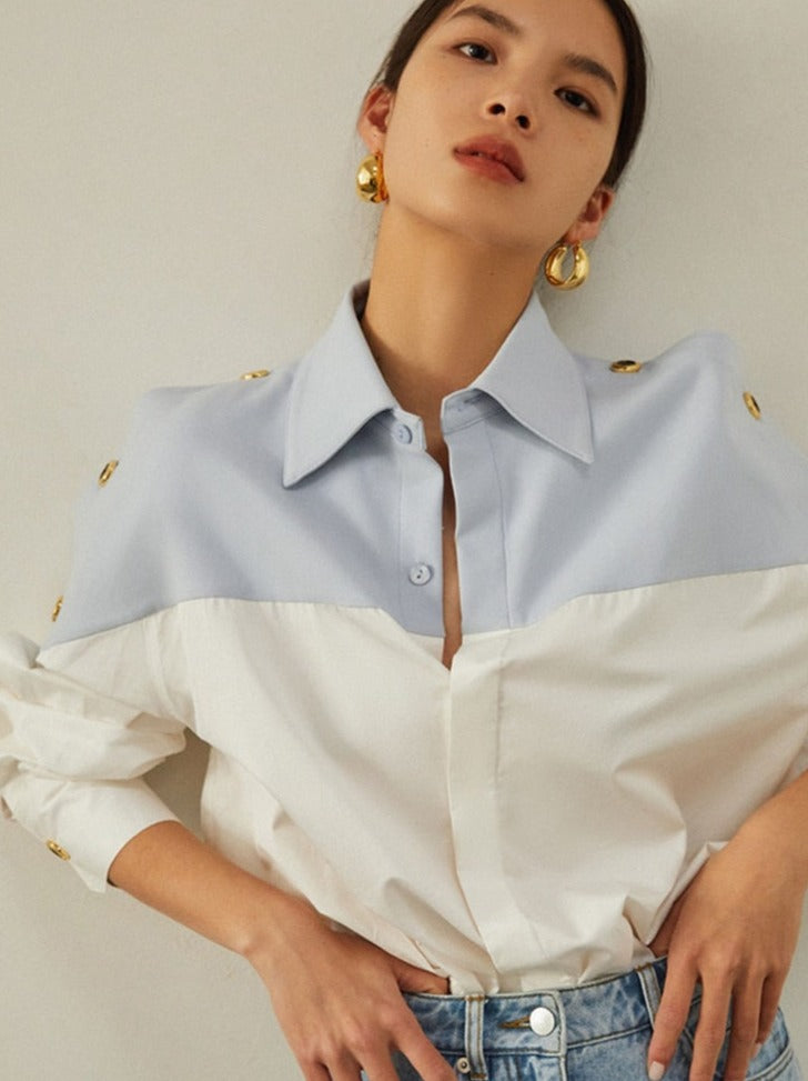Patchwork Lapel Women Shirts Long Sleeve Single-breasted Loose Female Blouses