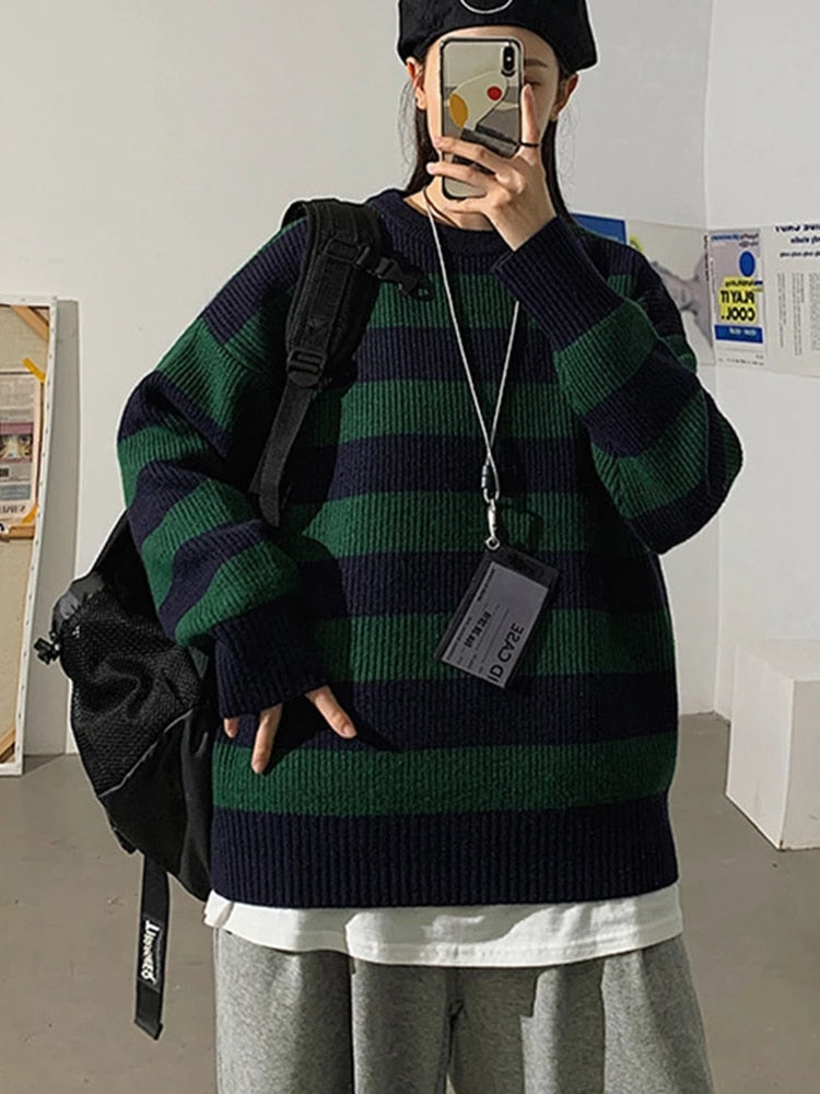 Autumn Winter Knitted Striped Sweater Casual Oversized Pullovers Sweaters