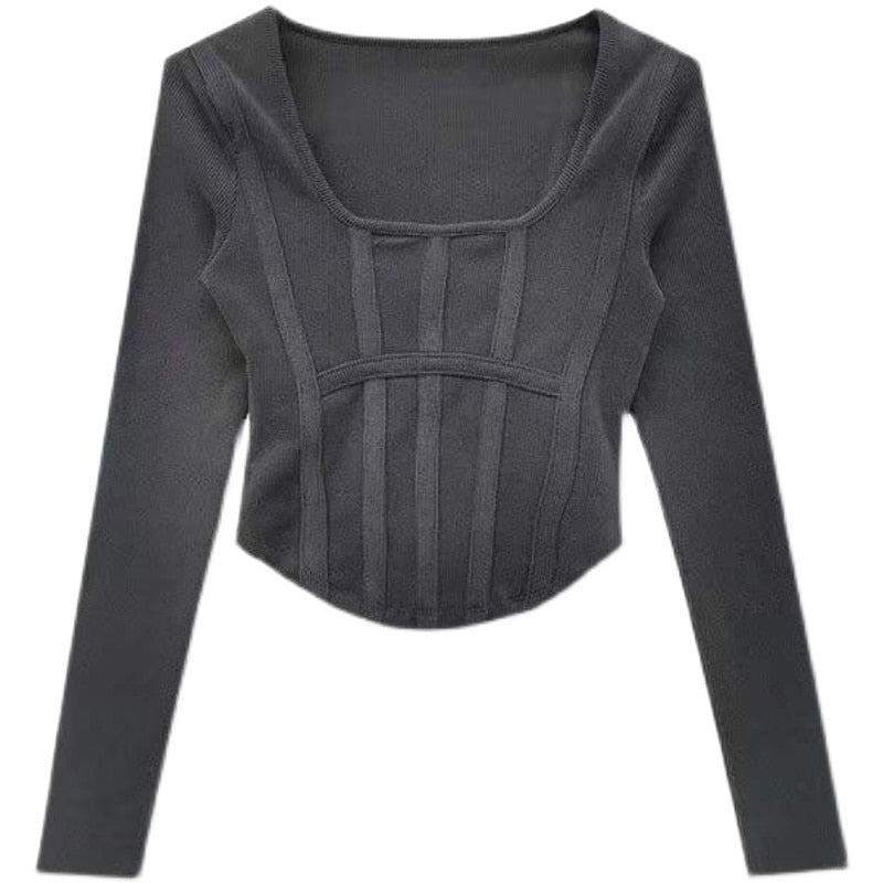 Fishbone Pattern Women's Long Sleeve T-shirt High Waist Slim Square Collar Tops Woman