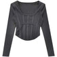 Fishbone Pattern Women's Long Sleeve T-shirt High Waist Slim Square Collar Tops Woman