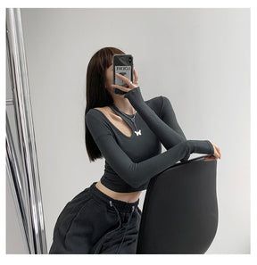 Hollow T-shirt Women Fashion Slim Y2K Cropped Tops Off Shoulder Long Sleeve Tees Woman