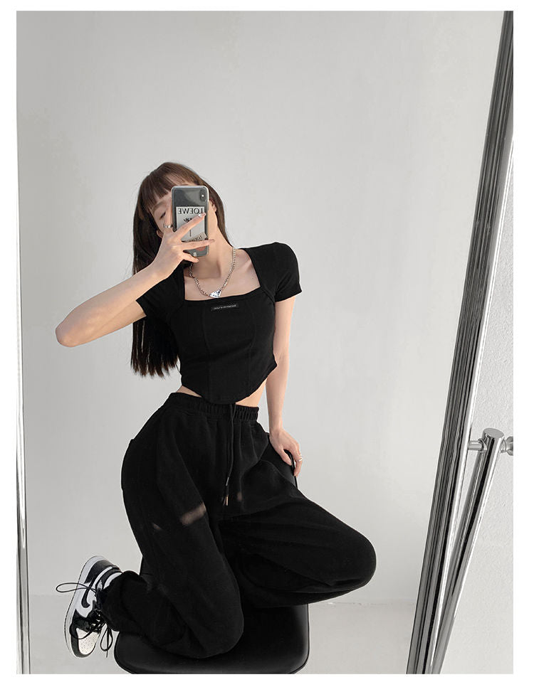 Gebogene Crop Tops Damen Sommer Quadratischer Kragen Kurzarm T-Shirt Mode Schlanke Frau