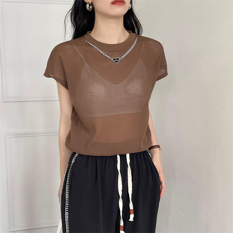 Hollow T-shirt Chain Women Summer New Solid Color Short Sleeve Knitted Tops Female 2022