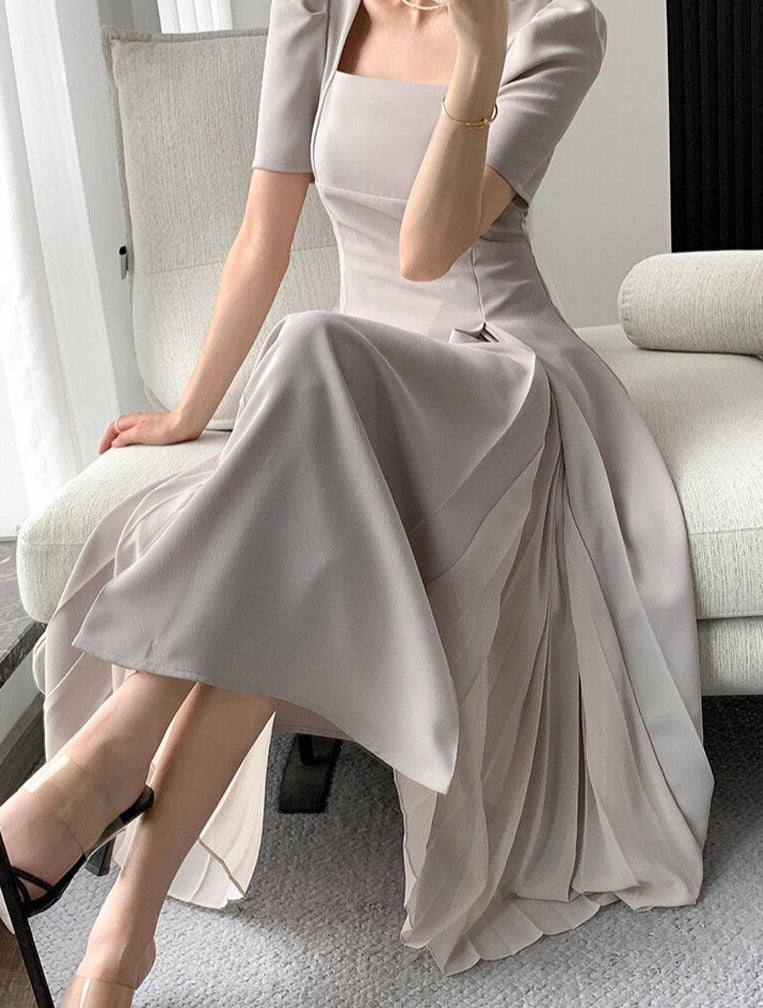 Vintage Square Collar Mid-Length Dress Elegant Short Sleeve Slim Waist Mesh