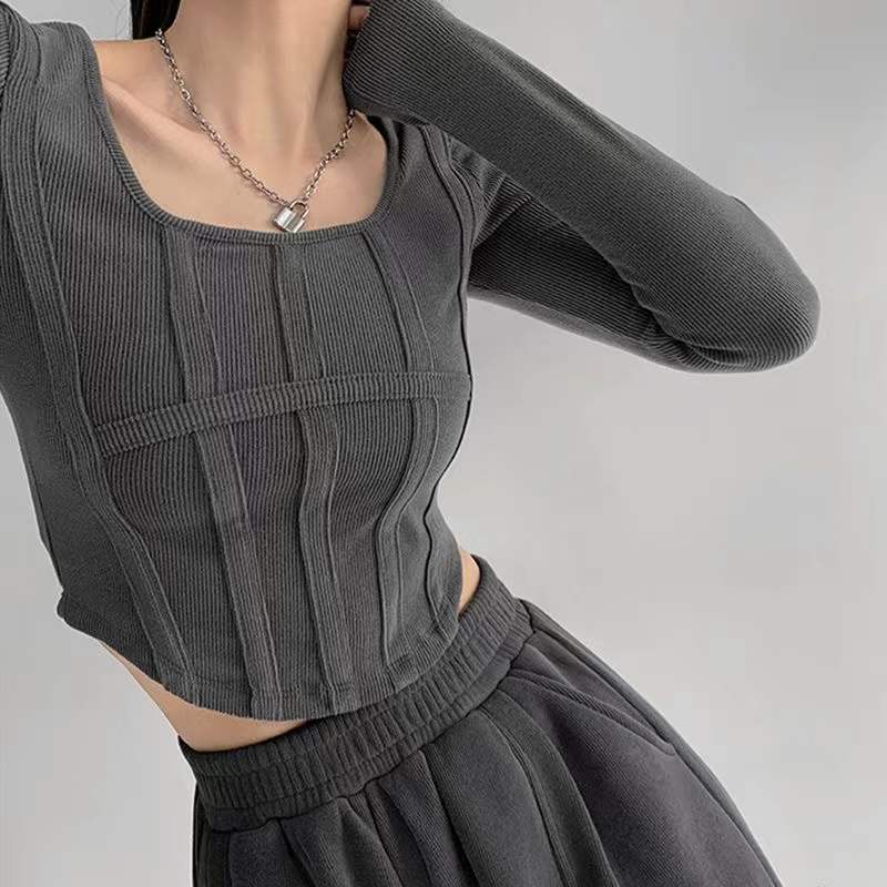 Fishbone Pattern Women's Long Sleeve T-shirt High Waist Slim Square Collar Tops Woman