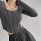 Fishbone Pattern Women's Long Sleeve T-shirt High Waist Slim Square Collar Tops Woman