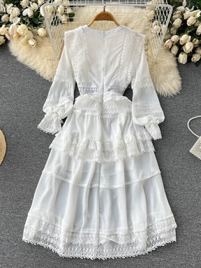 Lace Hollow Out White Dress Women Elegant V-neck Beach Holiday Style Dress