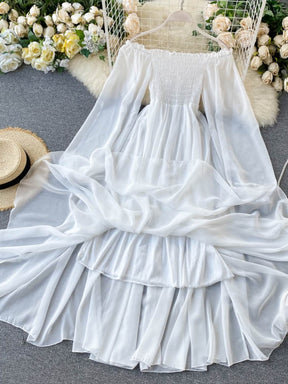 Holiday Puff Sleeve Slash Neck Off Shoulder Smocked White Chiffon Dresses