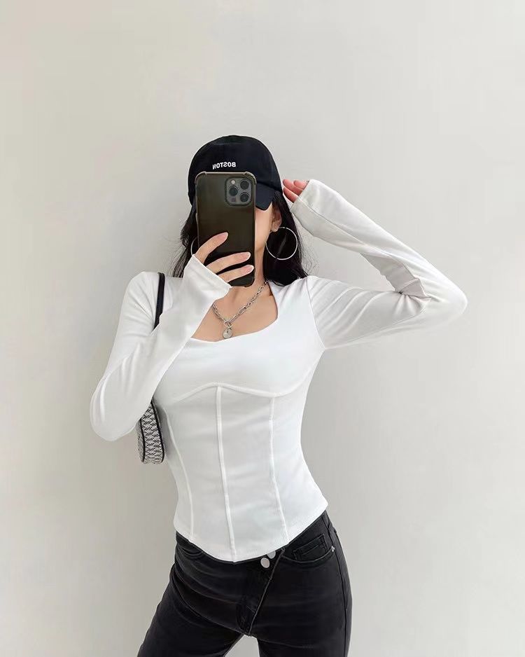 High Waist Cropped Tops Women Fashion Square Neck Long Sleeve T-Shirt Slim Basic Y2K Tees