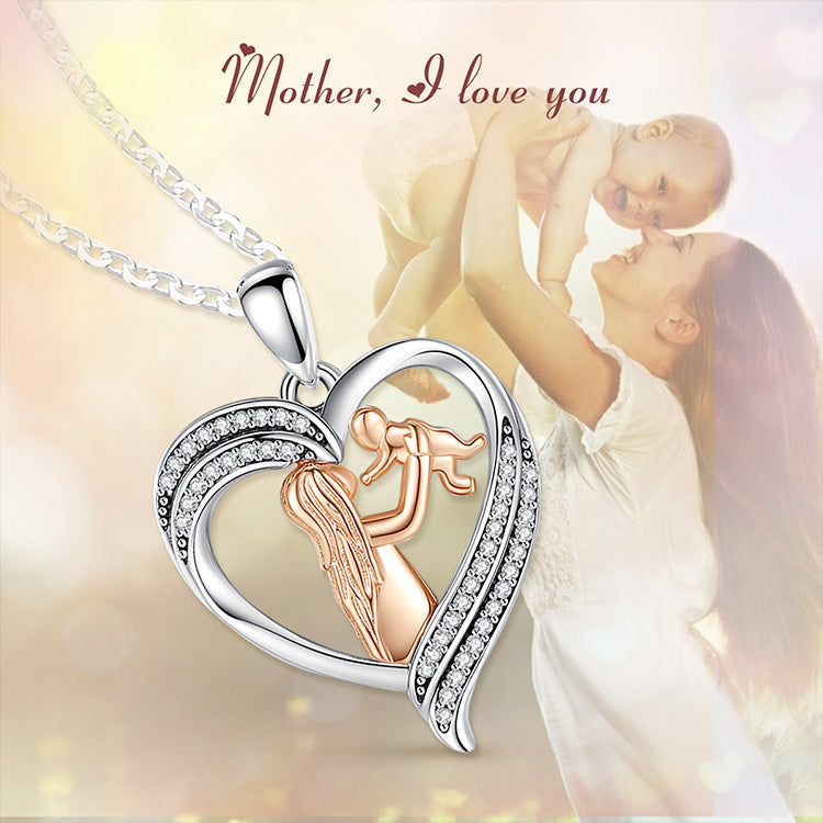 Mother and Baby Necklace Rose Gold Paved-Crystal Heart Pendant Jewelry Mother's Day Gift for Women