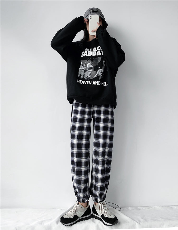 Plaid Pants Women High Waist Drawstring Loose Straight Baggy Pants 2022 Spring and Summer