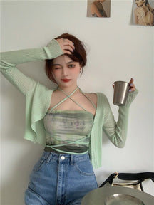 Summer Cardigan Two Piece Sets Women Fashion Slim Green Tie-dye Tops+See Through Thin Knitted