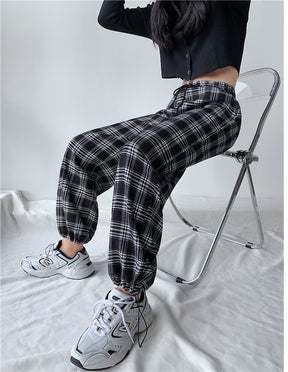 Plaid Pants Women High Waist Drawstring Loose Straight Baggy Pants 2022 Spring and Summer