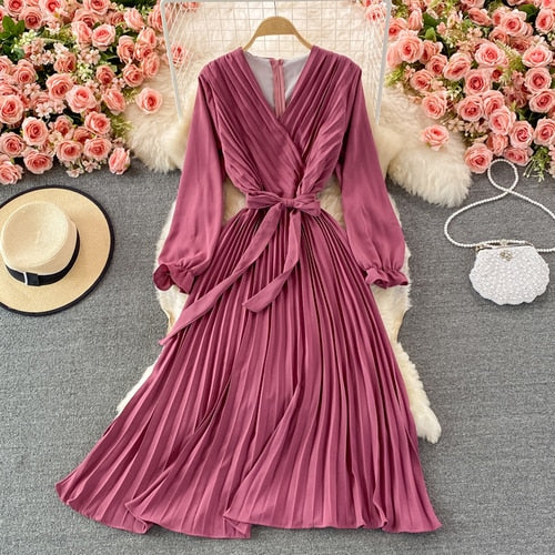 Slim Dress Elegant A Line V Neck Puff Sleeve Chiffon Pullover Mid-Calf Dresses