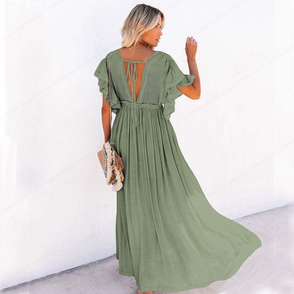 Summer Beach Maxi Dress Women Boho Long Bikini Cover Up High Waist Casual V-Neck Dresses