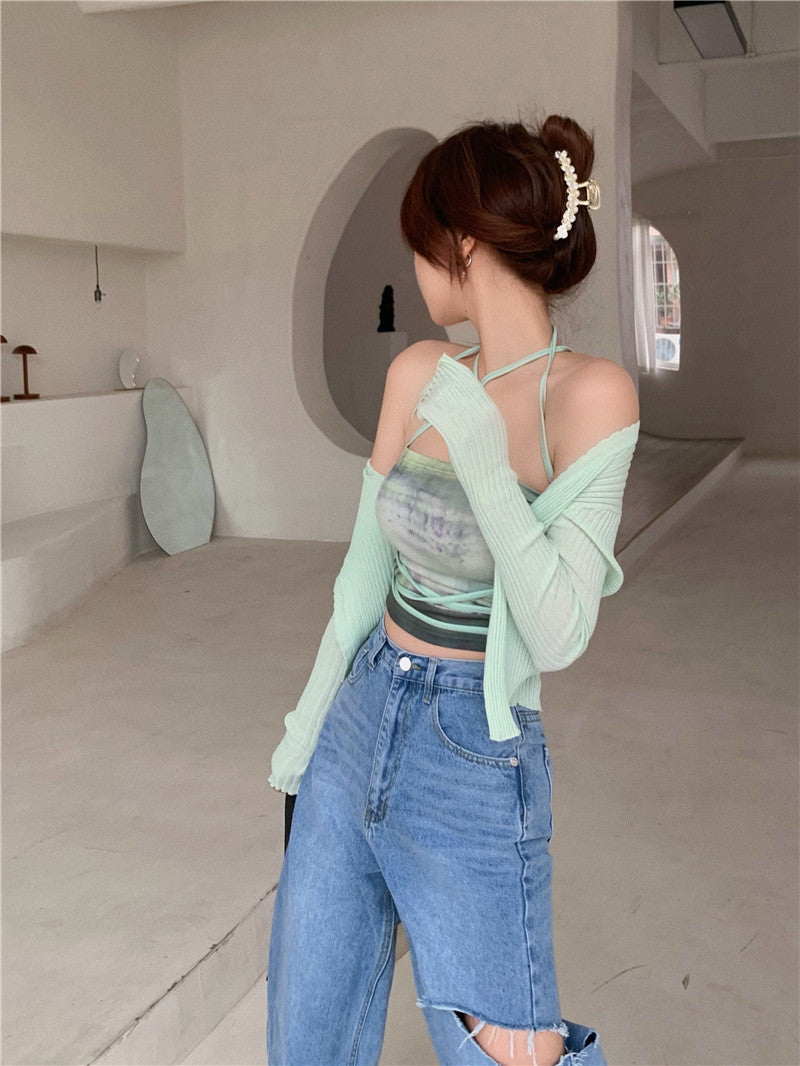 Summer Cardigan Two Piece Sets Women Fashion Slim Green Tie-dye Tops+See Through Thin Knitted