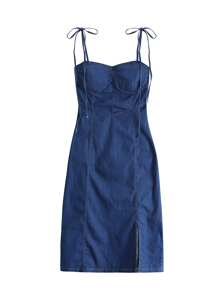 Sommer-Frauen-reizvolles Slip-Denim-Kleid Trägerloses Schnürkleid mit hoher Taille