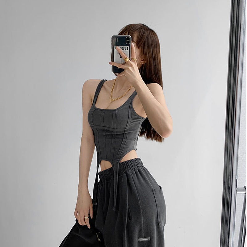 Sexy Irregular Hook White Tank Top Women Summer Square Collar Sleeveless Tops Vest Outwear