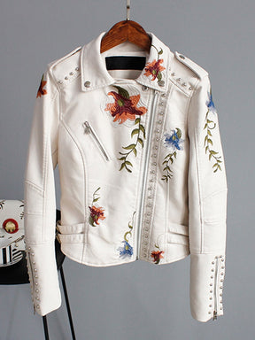 Floral Print Embroidery Faux Soft Leather Jacket Women Pu Motorcycle Coat