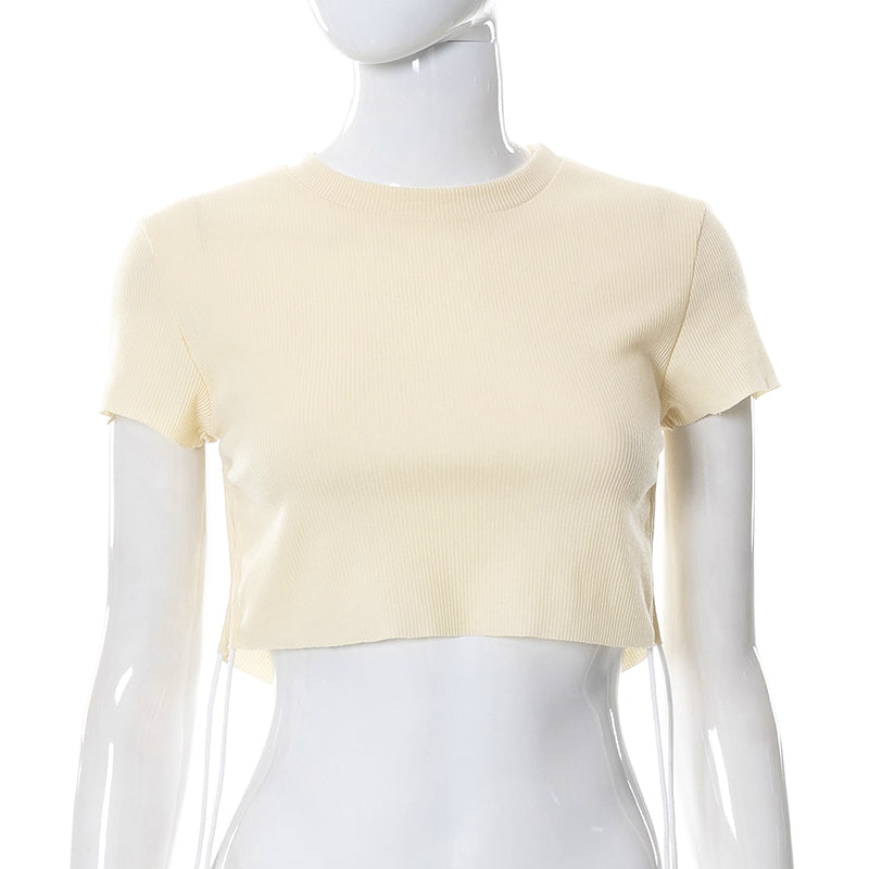 Sexy O Neck Split Ribbons Cropped T-Shirts Women Ribbed Knit Short Sleeve Slim Tshirts 2022 Summer